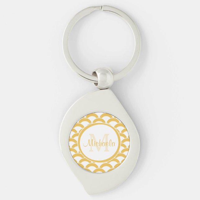 Modern Yellow and White Scallops Monogram and Name Keychain (Front)