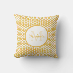 Modern Yellow and White Scallops Monogram and Name Throw Pillow