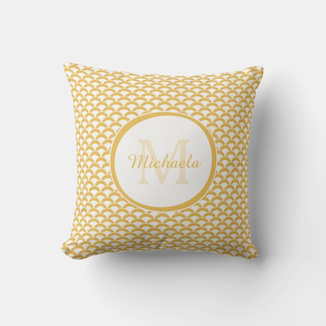 Modern Yellow and White Scallops Monogram and Name Throw Pillow (Front)