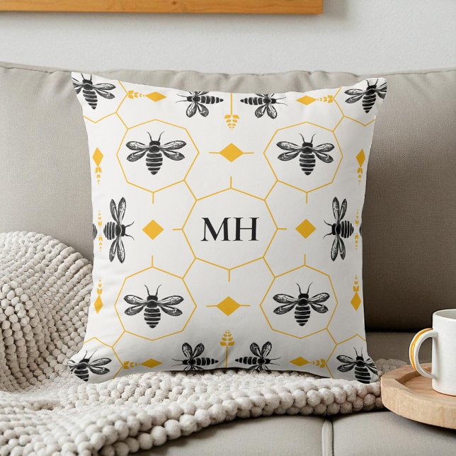 Modern Yellow Bee Pattern Black Elegant Monogram Throw Pillow (Modern Yellow Bee Pattern Black Elegant Monogram Throw Pillow)