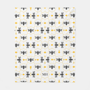 Modern Yellow Bee Pattern Elegant Black Monogram Fleece Blanket