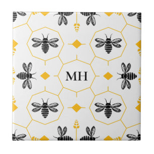 Modern Yellow Bee Pattern Elegant Black Monogram Tile