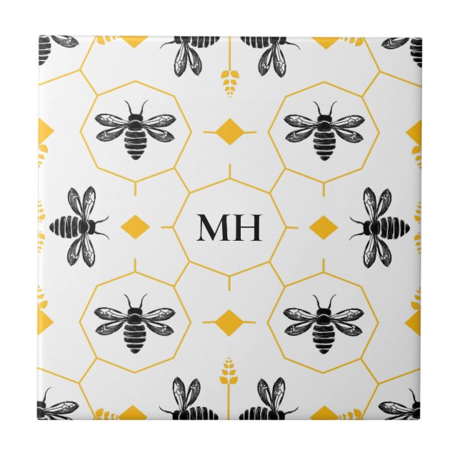 Modern Yellow Bee Pattern Elegant Black Monogram Tile (Front)