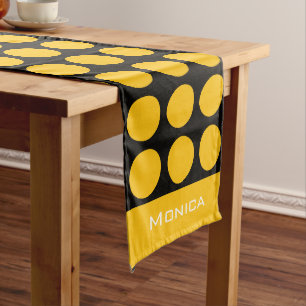 Modern yellow  beige &black dots monogram name long table runner