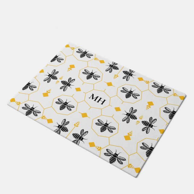 Modern Yellow Black Bee Pattern Elegant Monogram Doormat (Angled)