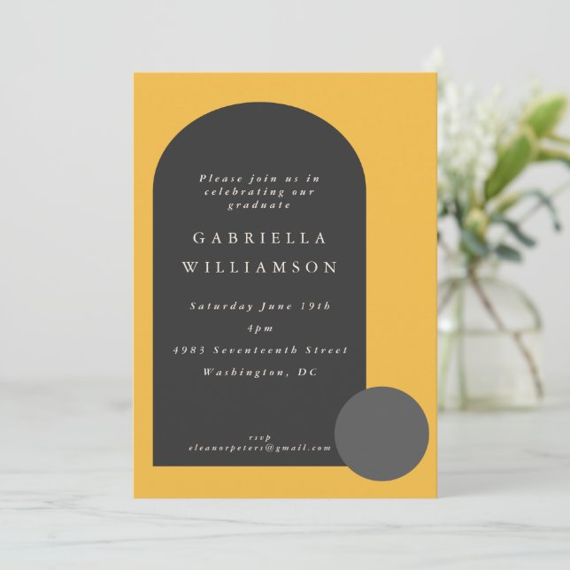 Modern Yellow Black Bold Shapes Graduation Party Invitation (Standing Front)