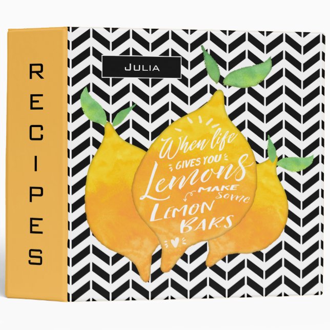 Modern Yellow Black Chevron Lemon Bars Recipe Binder (Front/Spine)