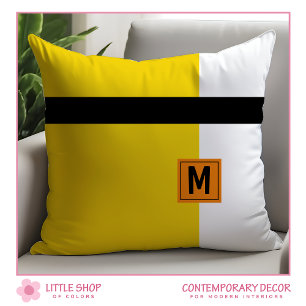 Modern Yellow Black Colour Block Monogrammed Throw Pillow