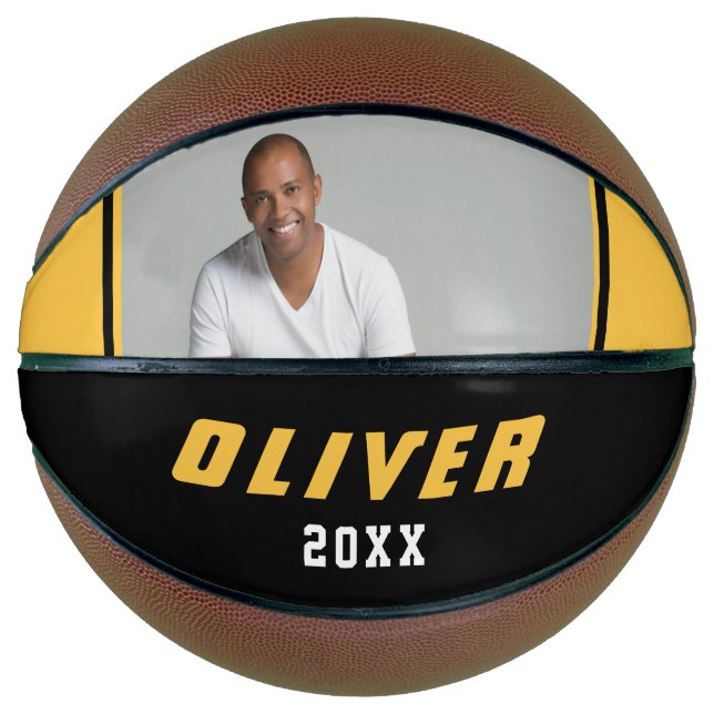 Modern Yellow Black Custom Name Text Photo Basketball (Front)