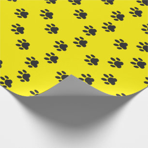 Modern Yellow Black Pet Cat Dog Paw Prints Cartoon Wrapping Paper