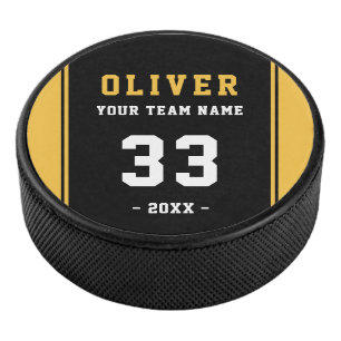 Modern Yellow Black Player Name Number Team Hockey Puck