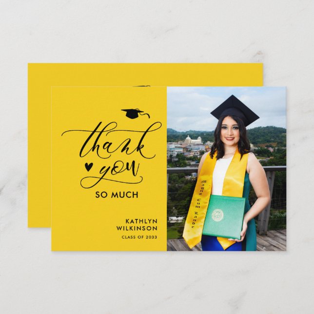 Modern Yellow Black Script Minimalist Graduation Thank You Card (Front/Back)