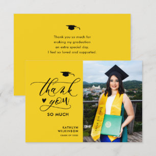 Modern Yellow Black Script Minimalist Graduation Thank You Card