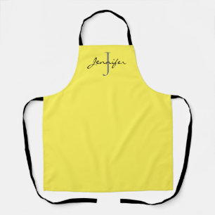 Modern Yellow Black Script Monogram Personalized Apron