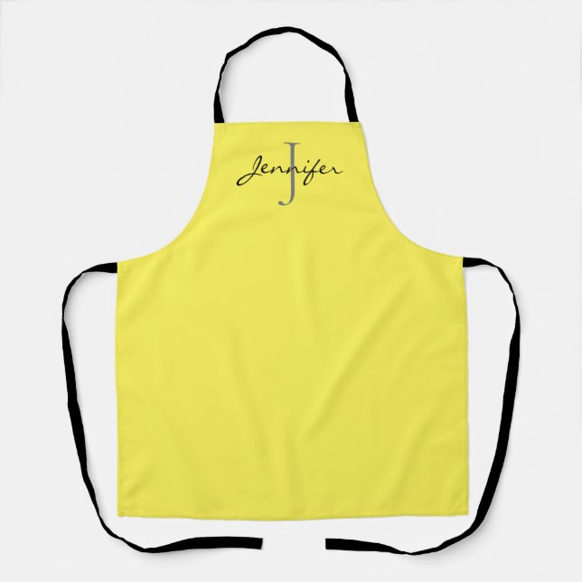 Modern Yellow Black Script Monogram Personalized Apron (Front)