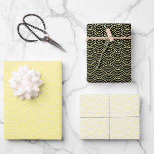 Modern Yellow Black White Geometric Japanese Wave Wrapping Paper Sheet