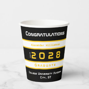 Modern Yellow Black White Graduation Party Paper Cups