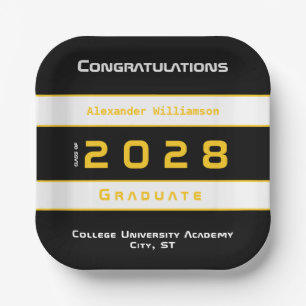 Modern Yellow Black White Graduation Party Paper Plate
