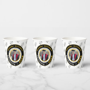 Modern Yellow Black White Graduation Photo Party Paper Cups