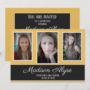 Modern Yellow Black White Three Photo Graduation Invitation