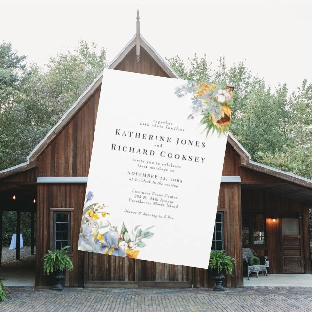Modern Yellow & Blue Floral No Parents Wedding Invitation (Creator Uploaded)