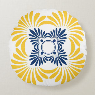 Modern Yellow Blue Floral Pattern Round Pillow