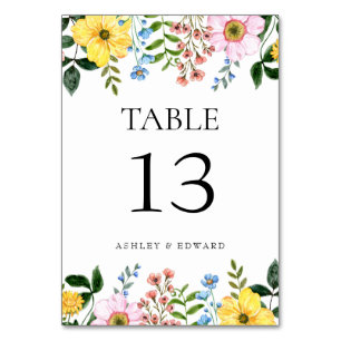Modern Yellow Blue Pink Spring Floral Wedding Table Number