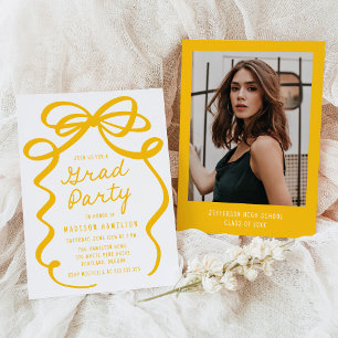 Modern Yellow Bow Photo Graduation Party Invitation