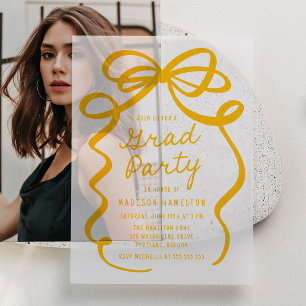 Modern Yellow Bow Photo Graduation Party Vellum Invitations