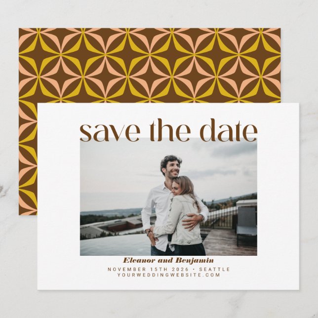 Modern Yellow Brown Retro Typography Wedding Photo Save The Date (Front/Back)