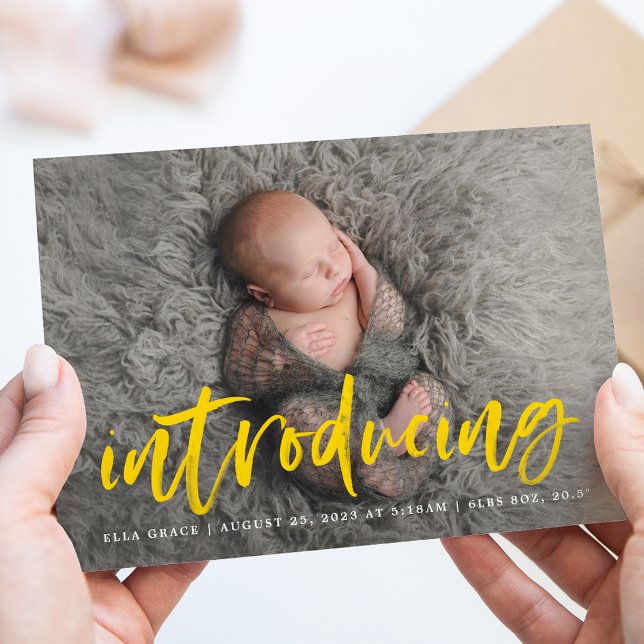 Modern Yellow Brush Script Introducing Photo Birth Announcement (Creator Uploaded)