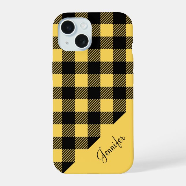 Modern Yellow Buffalo Plaid Check Pattern  iPhone 15 Case (Back)