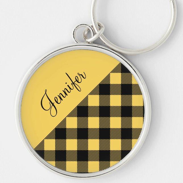 Modern Yellow Buffalo Plaid Check Pattern Name Keychain (Front)