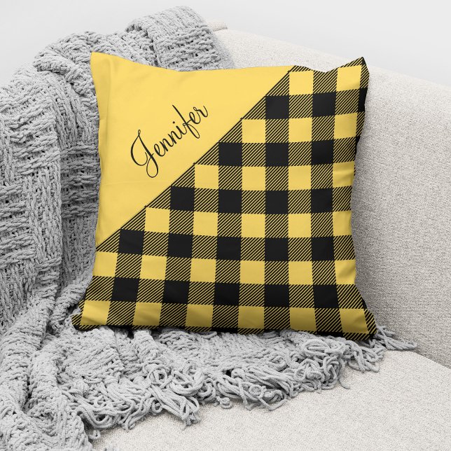 Modern Yellow Buffalo Plaid Check Pattern Name Throw Pillow (Creator Uploaded)