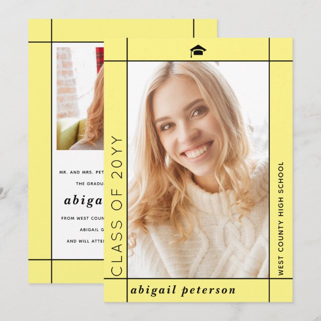 Modern yellow Class of 2025 graduation photo Announcement (Front/Back)