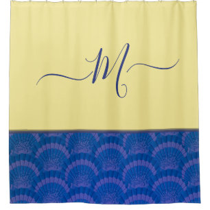 Modern Yellow Coastal Blue Seashell Monogram 
