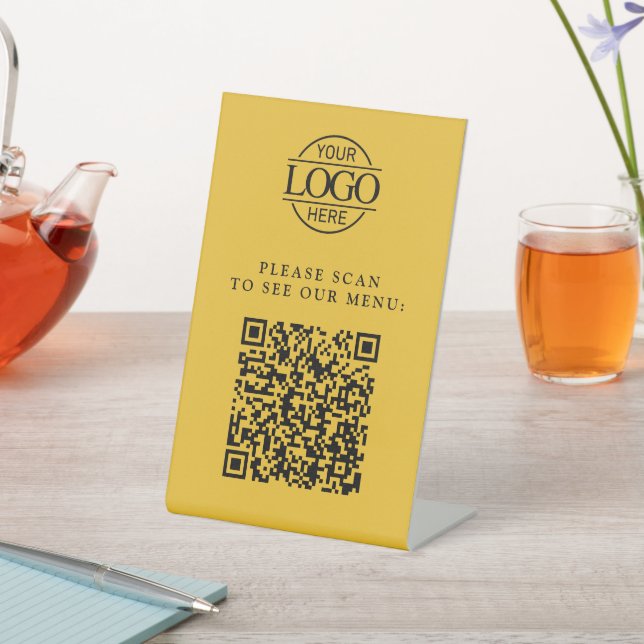 Modern Yellow Custom Business Logo QR Code Menu  Pedestal Sign (In SItu)
