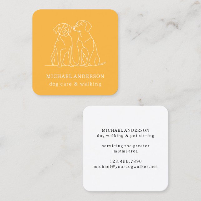 Modern Yellow Dog Walking Dog Walker Pet Sitter Square Business Card (Front/Back)