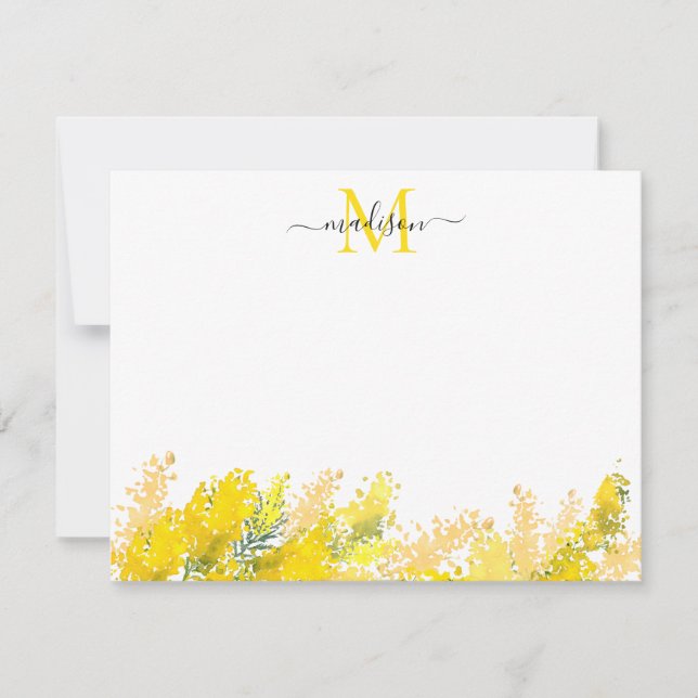 Modern Yellow Floral Mimosa Watercolor Monogram Card (Front)