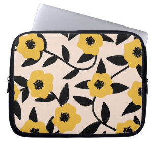 Modern Yellow Flowers Black Leaves Pattern Laptop Sleeve