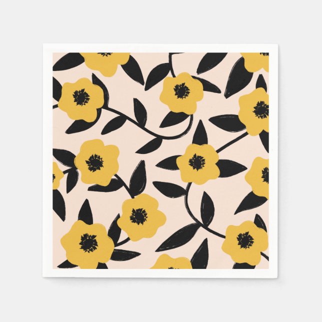 Modern Yellow Flowers Black Leaves Pattern Napkin (Front)