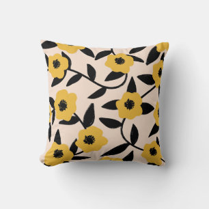 Modern Yellow Flowers Black Leaves Pattern Throw Pillow