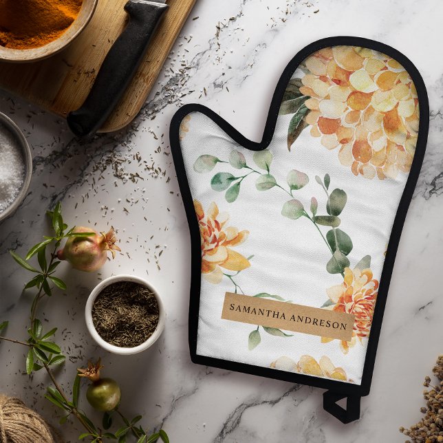 Modern Yellow Flowers & Kraft Personalized Gift  Oven Mitt & Pot Holder Set (Creator Uploaded)