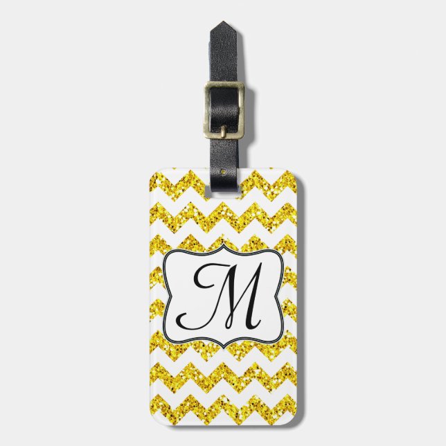 Modern Yellow Glitter Chevron Monogram Luggage Tag (Front Vertical)