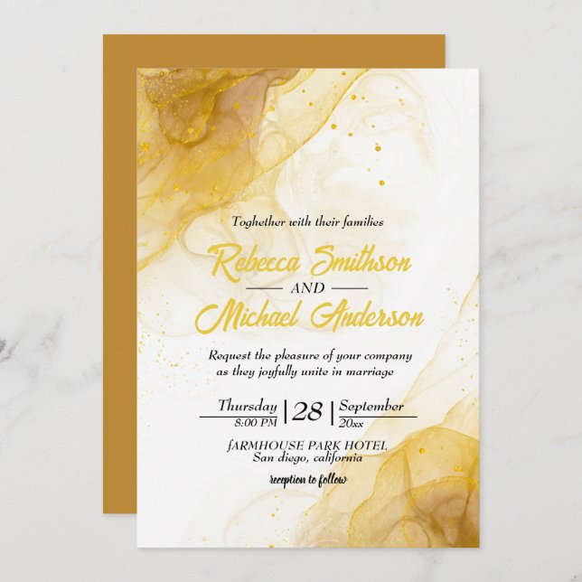 Modern Yellow Gold Agate Marble Glitter Wedding  Invitation (Front/Back)