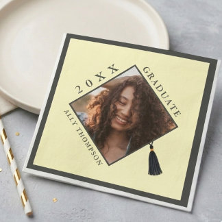 Modern Yellow Graduation Cap Photo Napkin