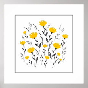 Modern Yellow Gray Watercolor Floral Motif   Poster