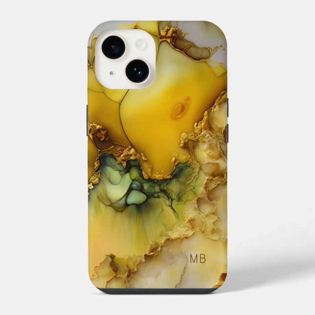 Modern Yellow Green Marble Monogram Personalized iPhone Case (Back)