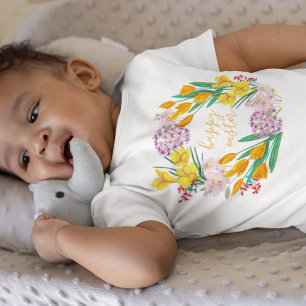 Modern yellow & green spring flowers happy easter baby bodysuit