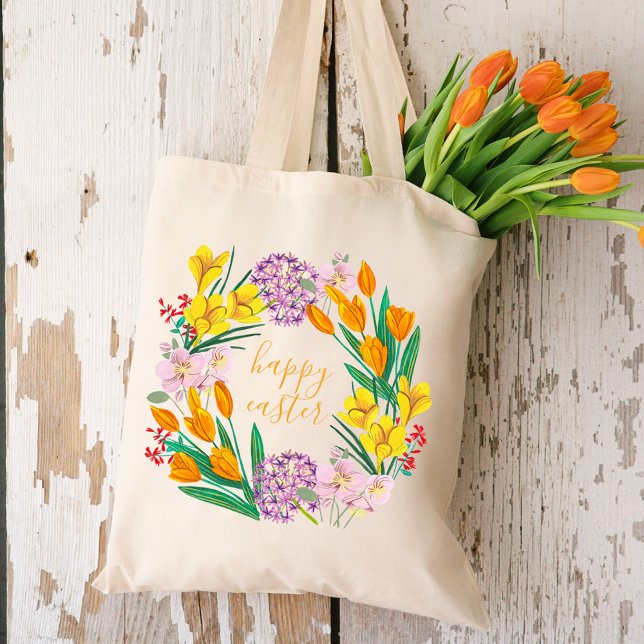 Modern yellow & green spring flowers happy easter tote bag (Creator Uploaded)